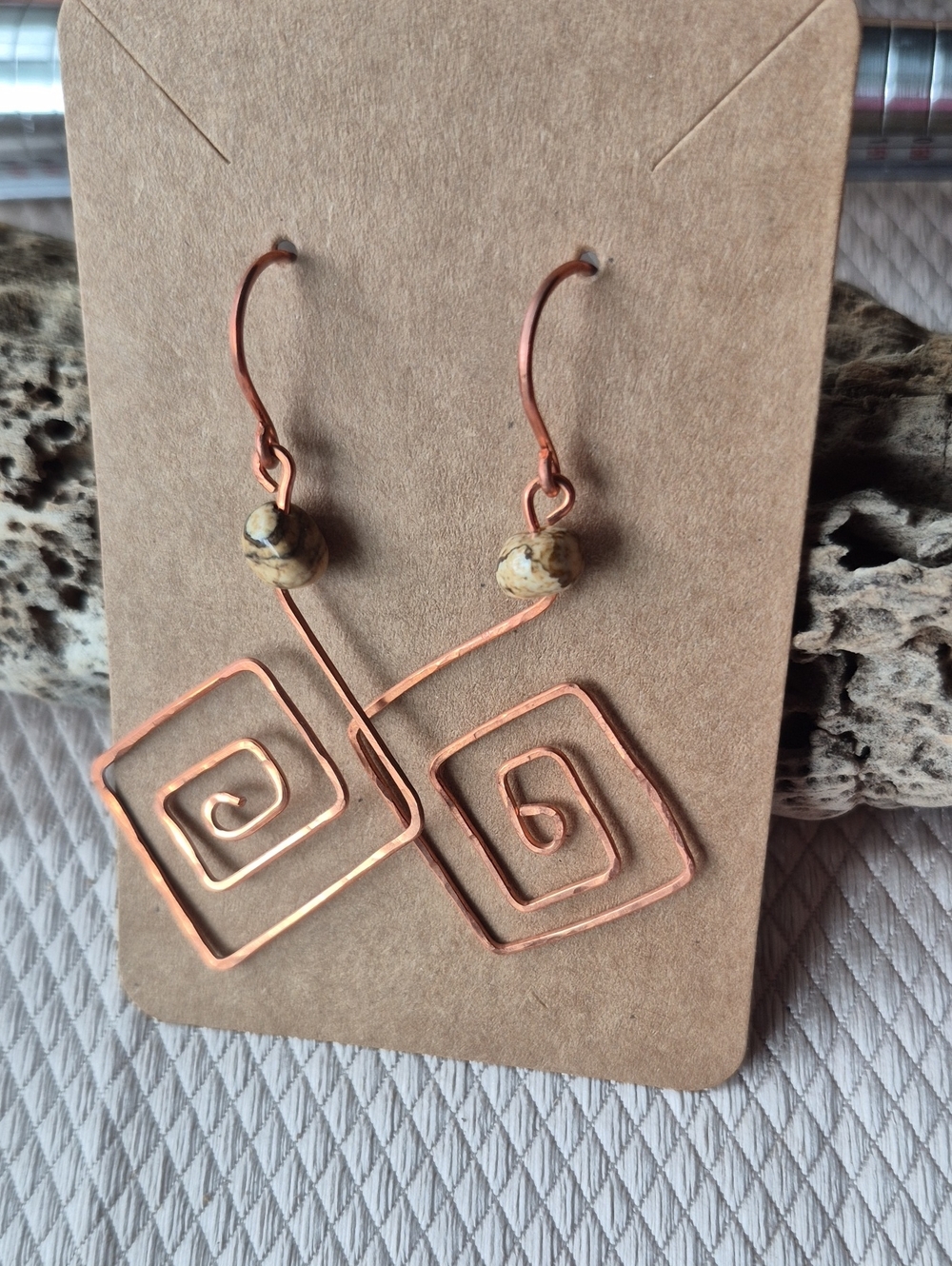 Handmade Copper Spiral Dangle Earrings with Beige Stone Beads